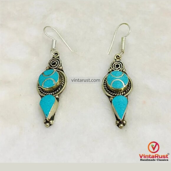 Jewelry - Handmade Turquoise Dangle Earrings: Vintage Boho Nepalese Jewelry